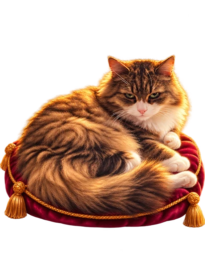 Lil Lou, the fluffy tabby caller, rests on his velvet cushion
