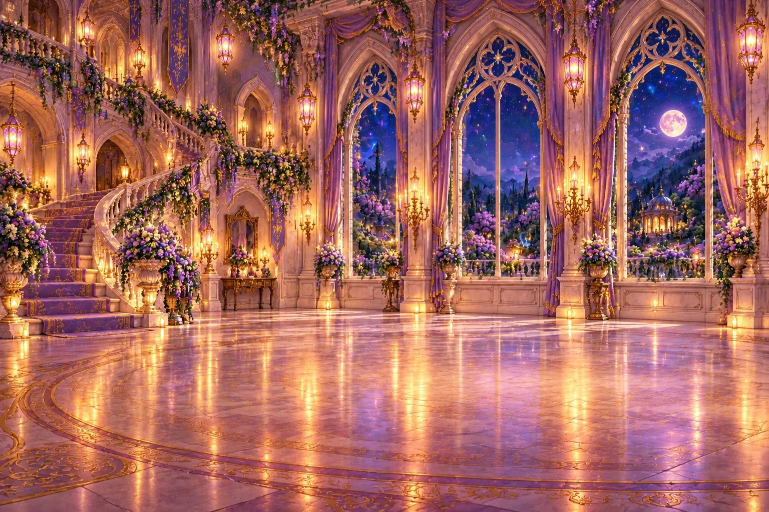 A lavender ballroom with golden window light and a polished dance floor