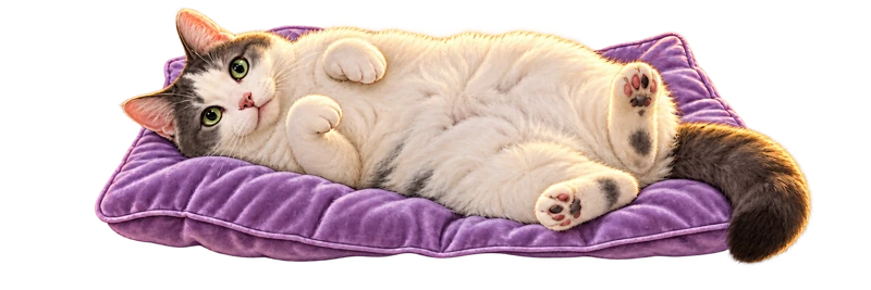 Cosmo, a plush white and gray cat with a white blaze and pale green eyes, belly-up on his lavender cushion