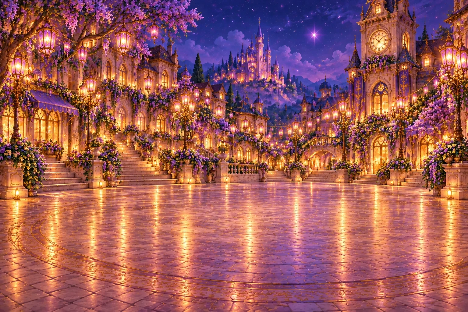Warm glowing lanterns in Lantern Square